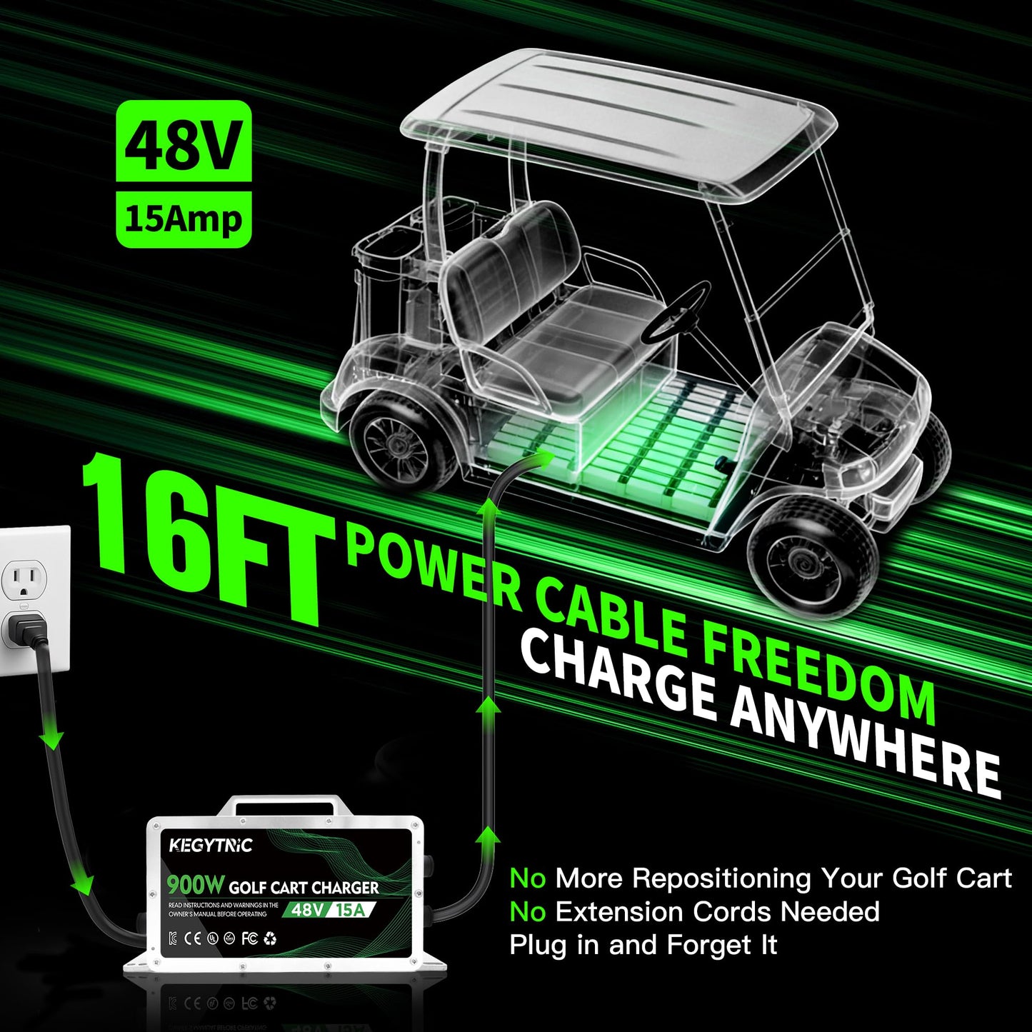 Golf Cart Battery Charger, 15 AMP 48 Volt Golf Cart Charger for EZGO RXV & TXT with 3-Pin Triangular Plug, 900W EZGO Charger, 20% Faster & Safer for Lead Acid Battery, Auto Power-Off & IP67 Waterproof