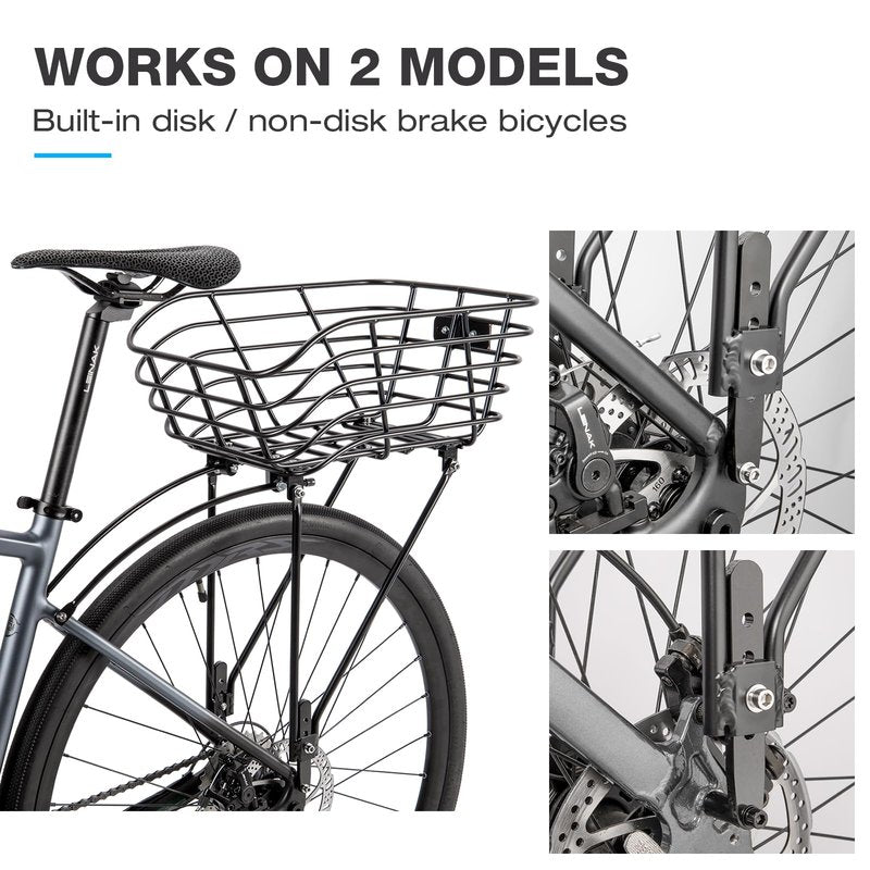 Rear Bike Basket with Rack - Rear Rack with Fixed Basket for Disc Brake/Non-Disc Brake Mount - Bicycle Basket Cargo Touring Carrier fit 26”-29” and 700c