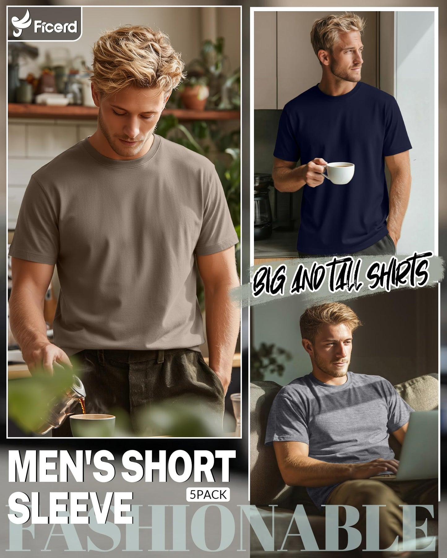 Ficerd 5 Pack Men's Big and Tall Shirts Short Sleeve Cotton Tee Summer Crew Neck Oversize Top Loose Fit Shirt Multipack