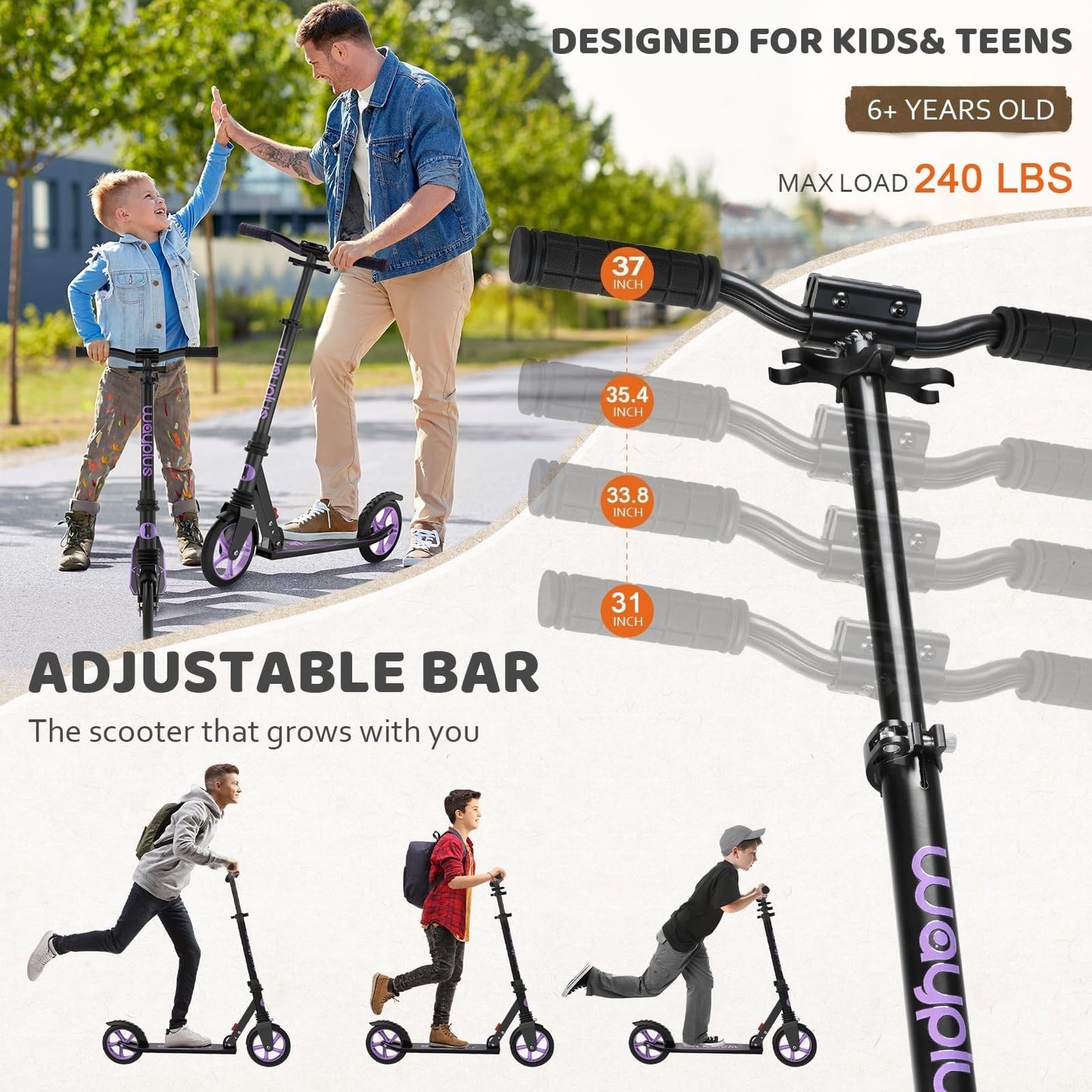 WAYPLUS Kick Scooter for Ages 6+,Kid, Teens & Adults. Max Load 240 LBS. Foldable, Lightweight, 8IN Big Wheels for Kids, Teen and Adults, 4 Adjustable Levels. Bearing ABEC9