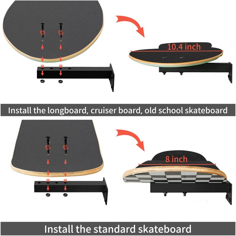 MIUONO Skateboard Wall Mount, Longboard Skateboard Deck Rack Mount on Wall, Skateboards Floating Shelves Brackets, 4 Pack