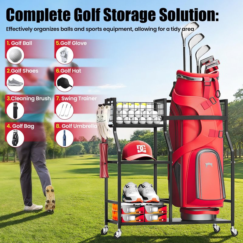 TOOLF Golf Bag Organizer, Golf Club Storage with Wheels, Sturdy Metal Golf Bag Holder Stand for Home, Garage, Outdoor, Includes 4 Storage Sections & Removable Hooks
