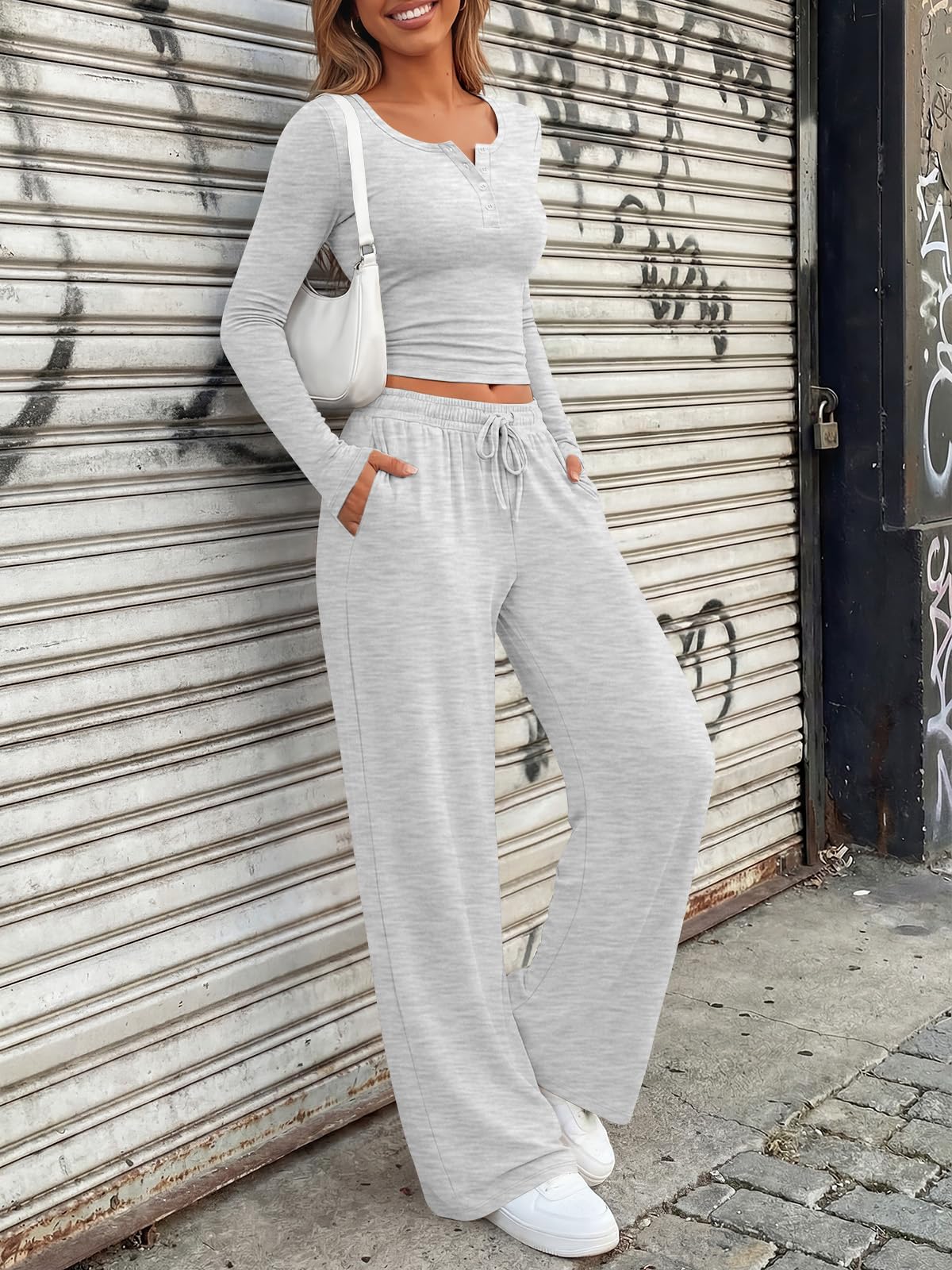 Trendy Queen Women's 2 Two Piece Matching Lounge Sets 2026 Airport Travel Fall Fashion Outfits Crop Top Wide Leg Pants Sweat Suits Workout Gym Y2k Clothes Casual Sweatsuit Loungewear Winter Clothing