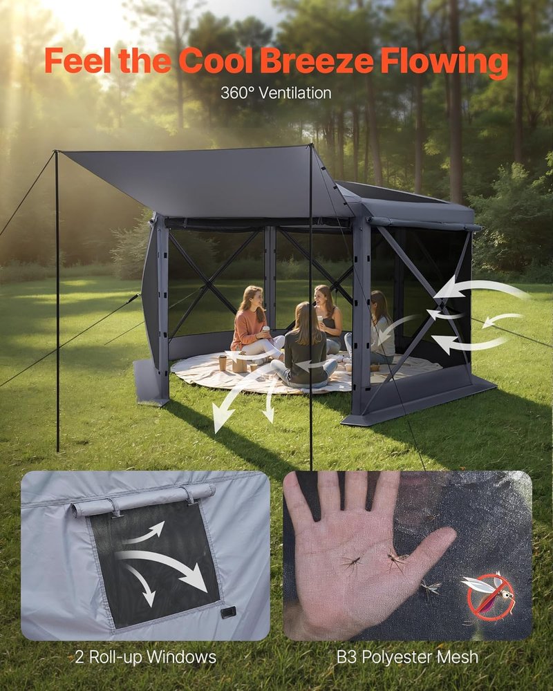 Pop Up Gazebo Screen Tent - 12x12 ft Large 6-Sided Canopy with Removable Top | Quick-Set, Bite-Proof Sun Shelter for 8-10 Persons, Grey