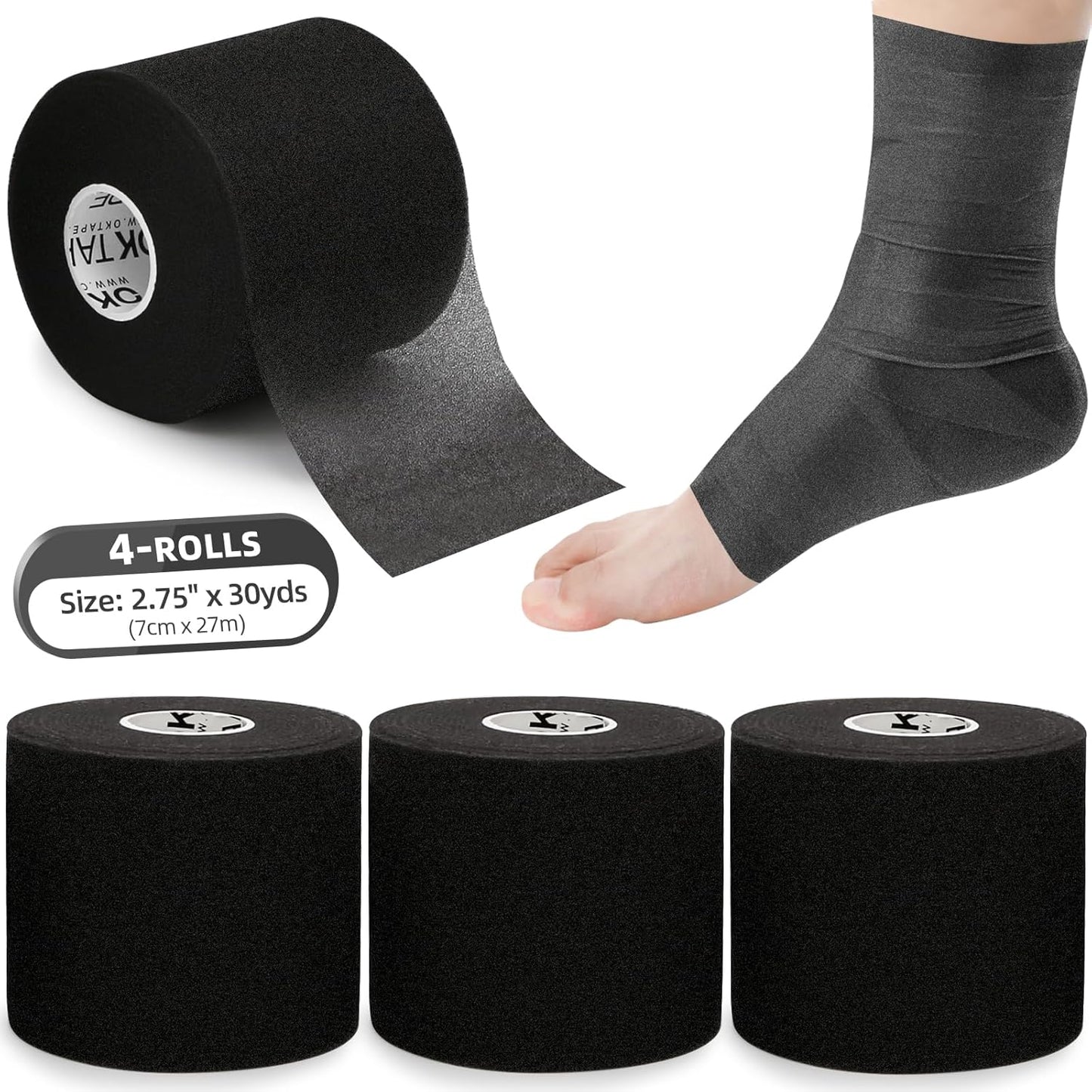 Pre Wrap Tape - Athletic Foam Underwrap for Sports | 4 Rolls, 120 Yards, 2.75 Inches - Black