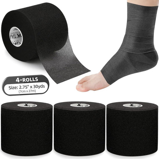 Pre Wrap Tape - Athletic Foam Underwrap for Sports | 4 Rolls, 120 Yards, 2.75 Inches - Black