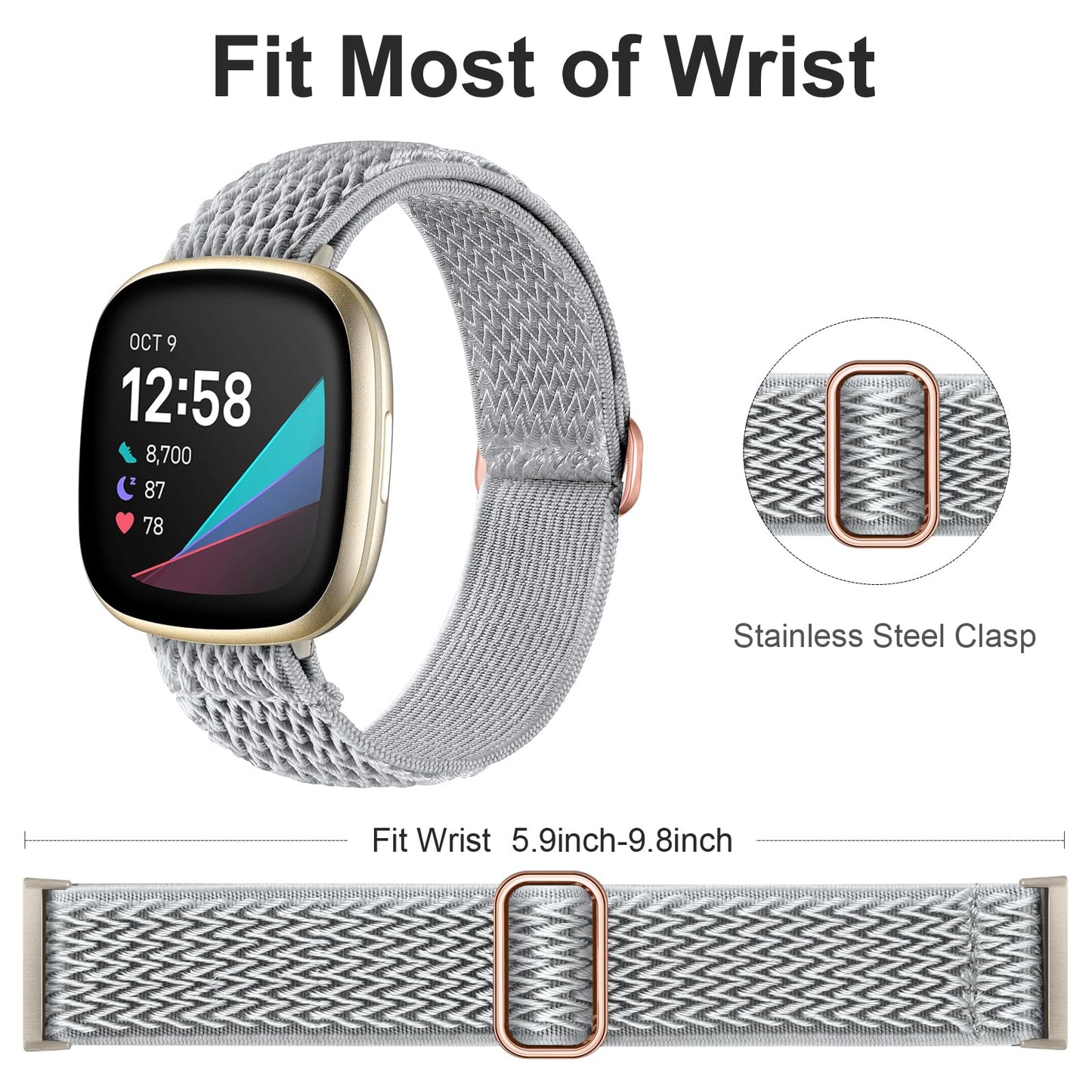 Ouwegaga Elastic Band Compatible with Fitbit Sense 2 Bands/Fitbit Sense Bands/Fitbit Versa 3 4 Bands for Women Men, Sport Stretchy Nylon Solo Loop for Fitbit Versa 4/Versa 3/Sense 2/Sense Smartwatch