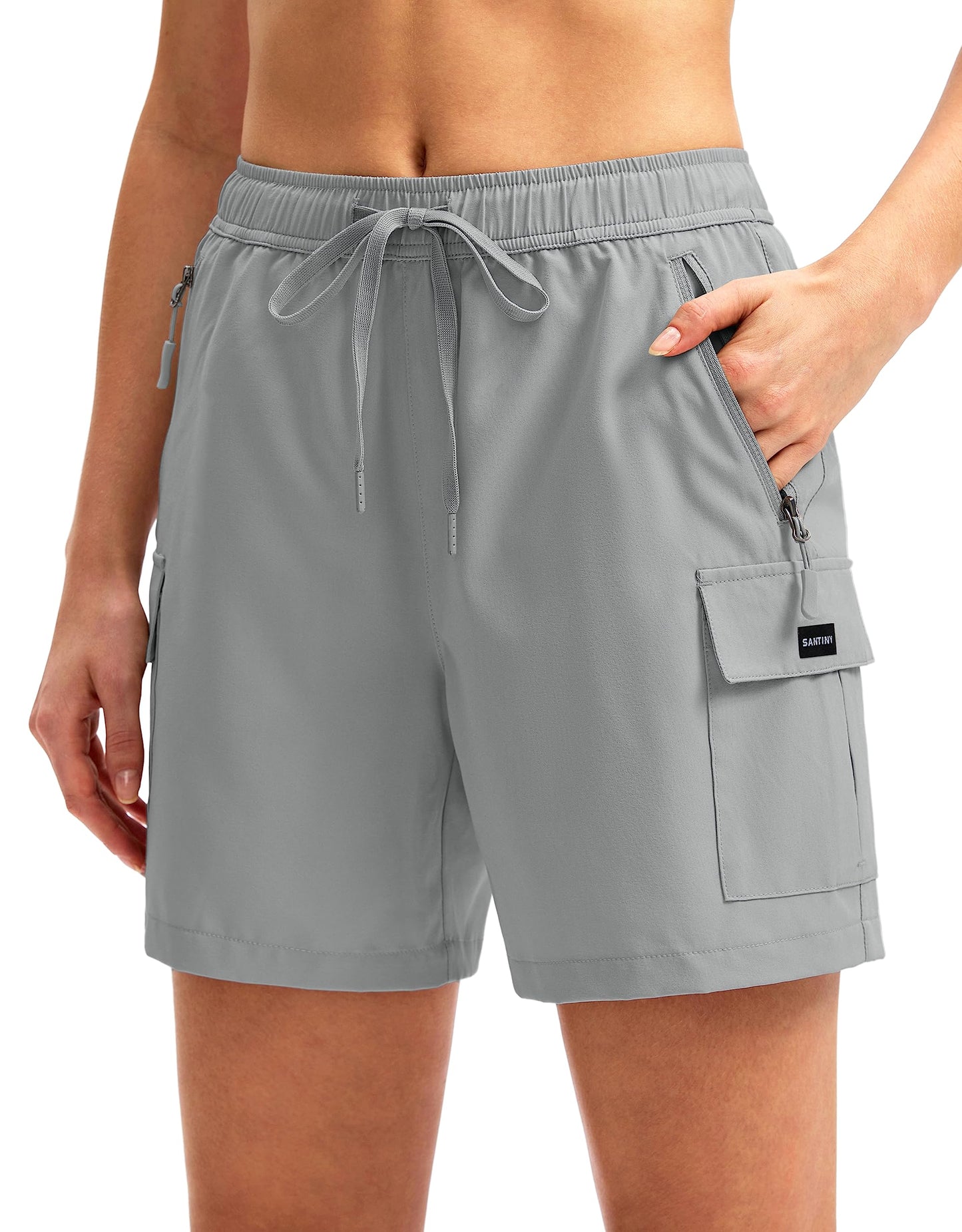 SANTINY Women's 5''/ 7''/9'' Hiking Cargo Shorts Quick Dry Lightweight Summer Shorts for Women Athletic Golf Zipper Pockets(Light Grey_XXL)