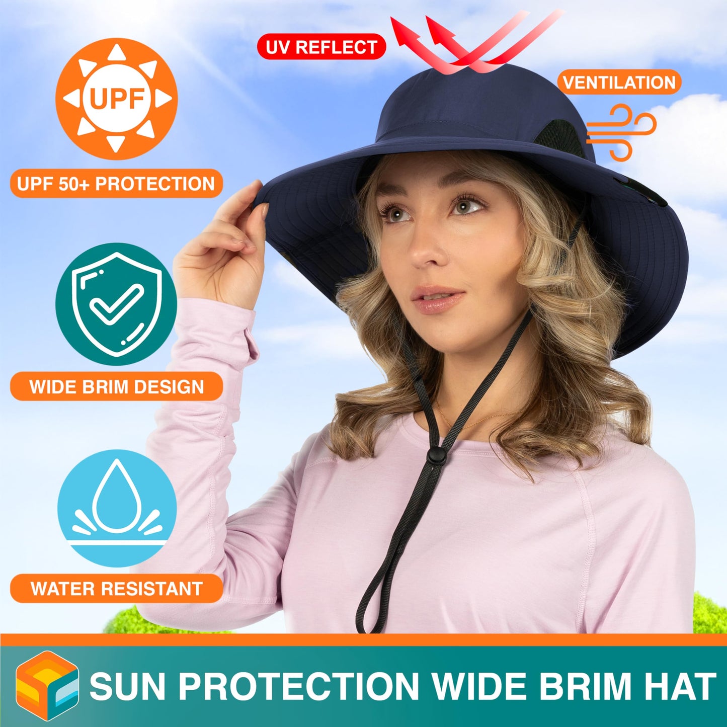 SUN CUBE Wide Brim Sun Hat for Men & Women, UPF 50+ UV Protection, Breathable Mesh Boonie Hat with Adjustable Chin Strap, Packable Fishing Hiking Safari Hat, Navy