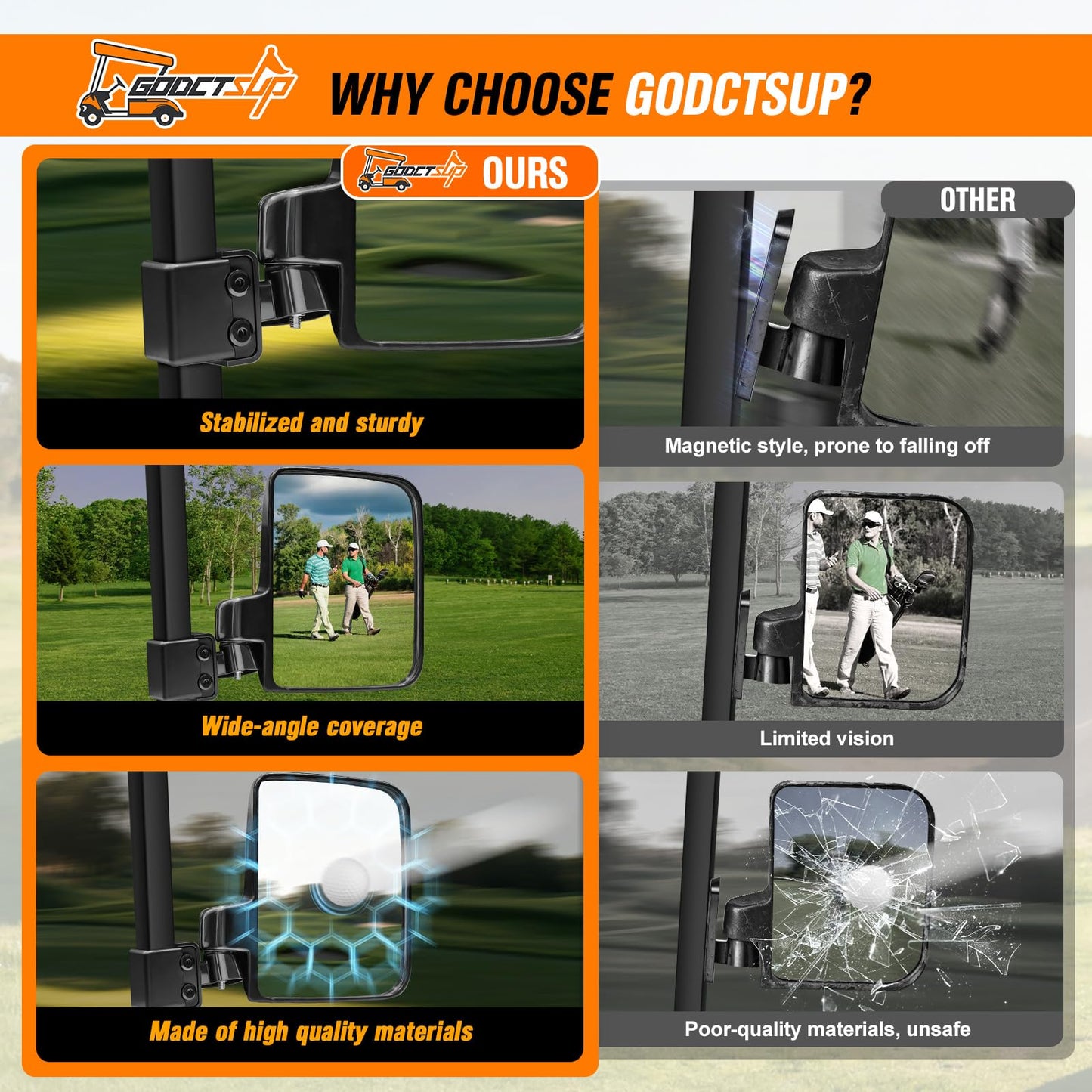 GODCTSUP Golf Cart Mirrors, No Drilling Golf Cart Side Mirrors for Club Car EZGO YAMAHA and Others Square Tube Carts Roof Bracket(0.75/1/1.25 inch), Durable Anti-Shudder, 180 Degree Rotation