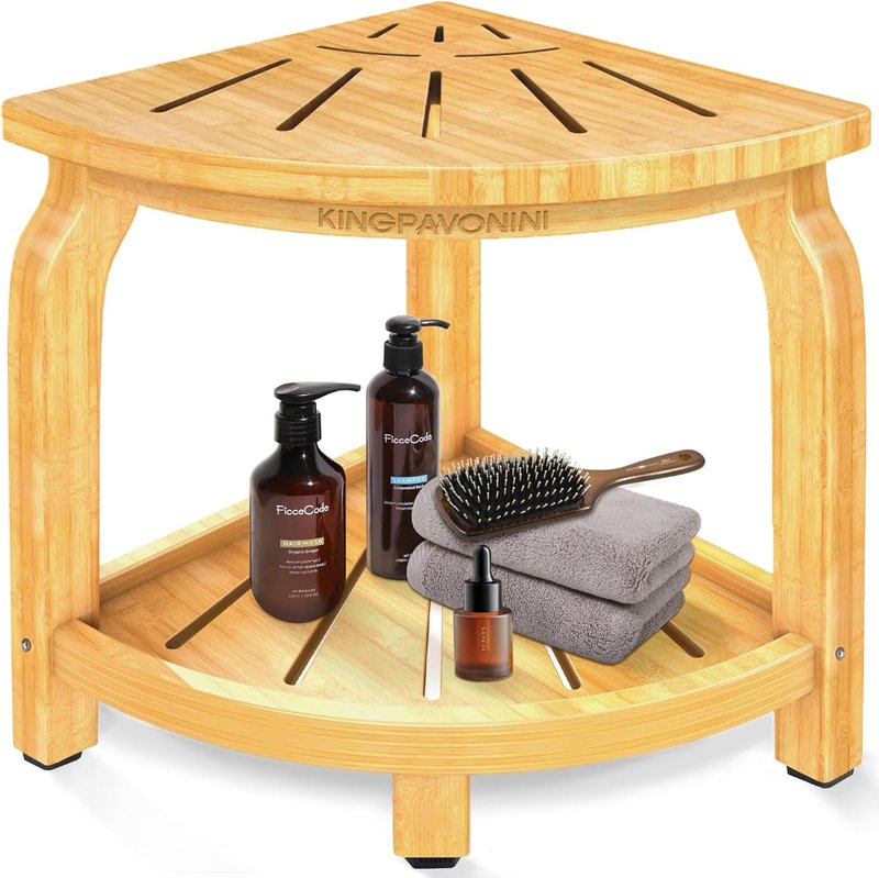 Bamboo Corner Shower Stool - Waterproof Bath Bench with Storage Shelf | Holds Up to 450 lbs