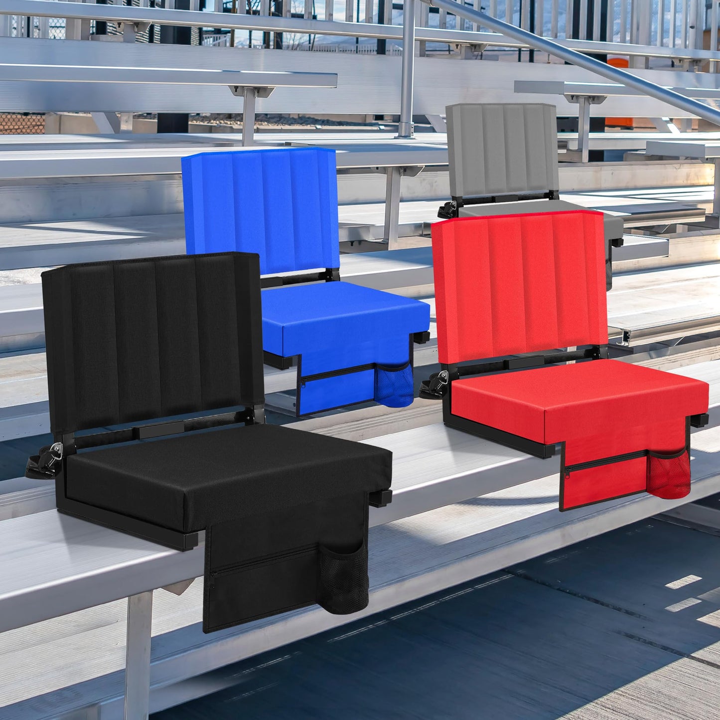 Eusuncaly Stadium Seat for Bleachers with Back Support and Wide Comfy Padded Cushion, Foldable Stadium Seats Chairs with Shoulder Strap and Storage Pockets, Bench Chair for Bleachers