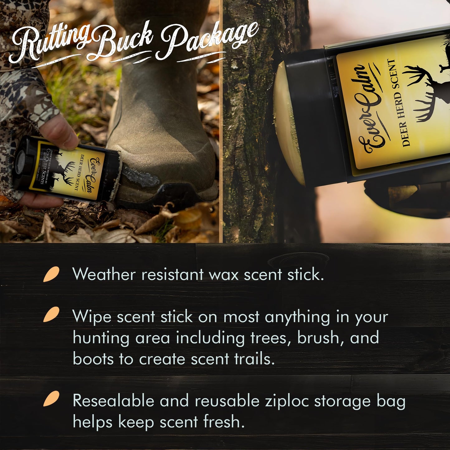 ConQuest Scents RuttingBuck Package – RuttingBuck & EverCalm Deer Herd Scent Stick, Deer Attractant & Calming Scent, All-Season Hunting Wax Sticks, 2.5 oz
