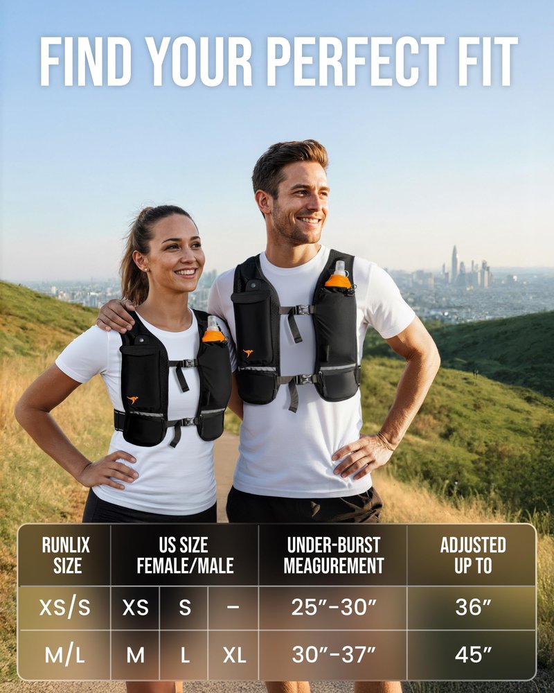 RUNLIX Running Vest for Women Men-Reflective Running Hydration Vest with 500ml Soft Water Bottle, Phone Holder, 2 LED Lights USB Rechargeable-7 Pockets Runners Backpack Marathon (Black, Medium-Large)