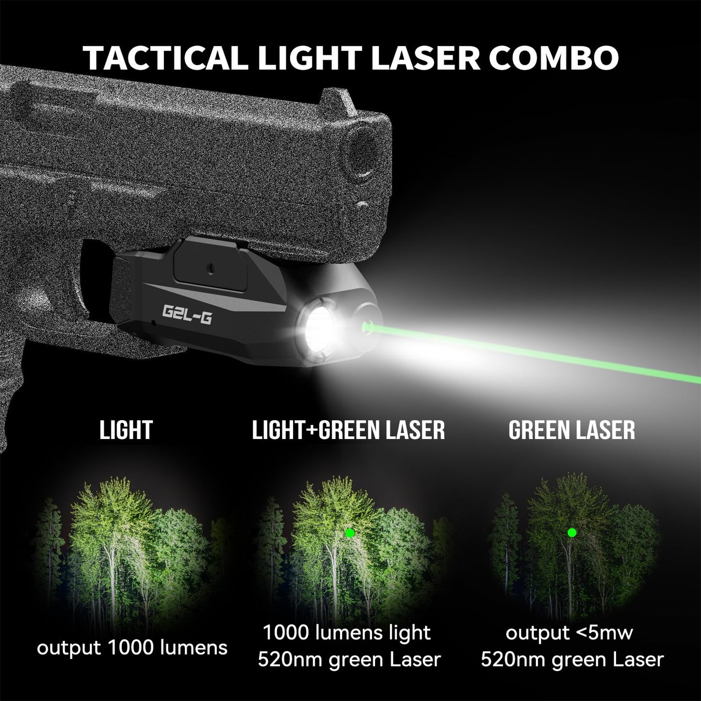 VOTATU G2L-G Pistol Light Laser Combo, 1000 Lumens Strobe Function Flashlihgt and Green Laser Sight, Adjustable Rail Keys Compatible with GL and Picatinny Rail, Low Profile Rechargeable Weapon Light