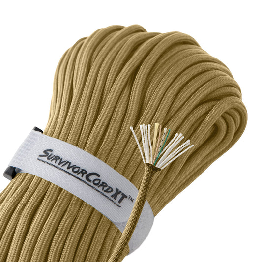 1,000 LB SurvivorCord XT Paracord | Made and Patented in The USA | Heavy Duty Paracord 750 Type IV Military Grade with Kevlar Line, 25 lb Fishing Line, Waterproof Firestarter. 100 FT, Coyote Brown