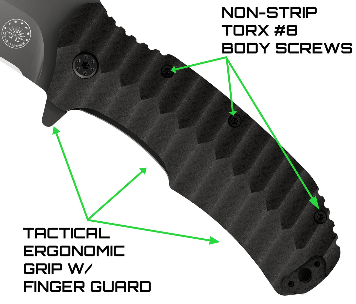 Off-Grid Knives - Rapid Fire Blackout - Large Folding Knife for Camping & EDC, Cryogenic D2 Blade Steel, Titanium Nitride Coating with G10 Scales & Deep Carry Clip