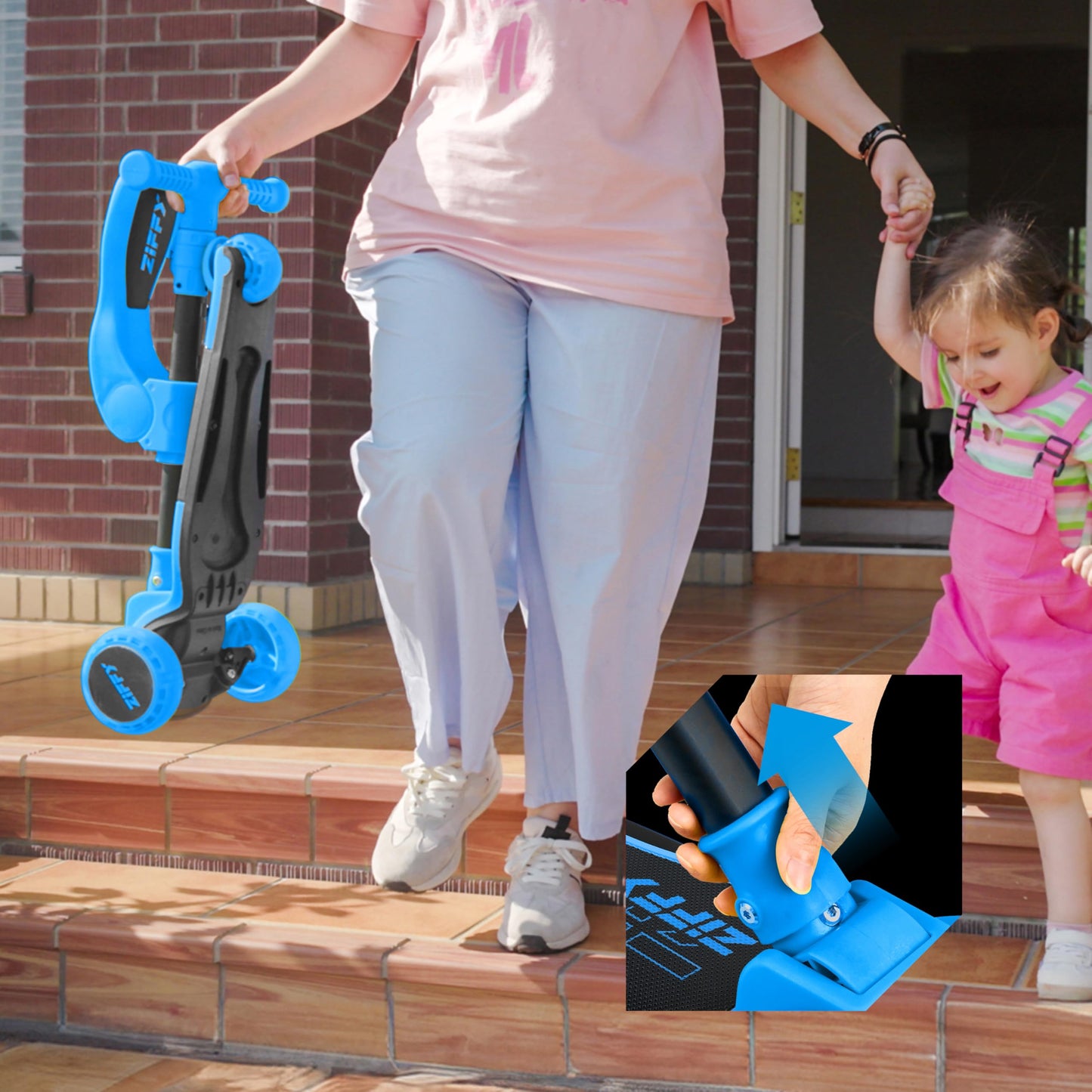 JOVA ZIFFY 2-in-1 Toddler Scooter with Seat, 3 Wheel Scooter with LED Lights, Anti-Slip Surface, Adjustable Height Handlebars and Foldable Seat, Toys for Kids Ages 3-12, Blue (Up to 110 Lbs)