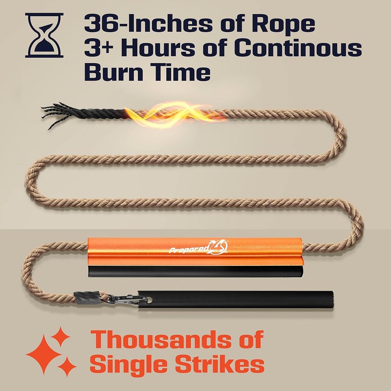 Flint Fire Starter Survival Tool - All-in-One Kit with Ferro Rod, Waterproof Tinder Wick Rope & Steel Striker - 36" Length