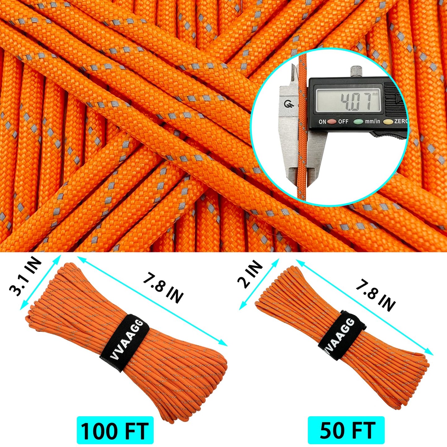 VVAAGG Reflective Paracord Rope 100FT, 7 Strand Nylon para Cord Lanyard Utility 550 Parachute Cord, 4mm Thin Tent Rope for Outdoor Camping Hiking (Orange)