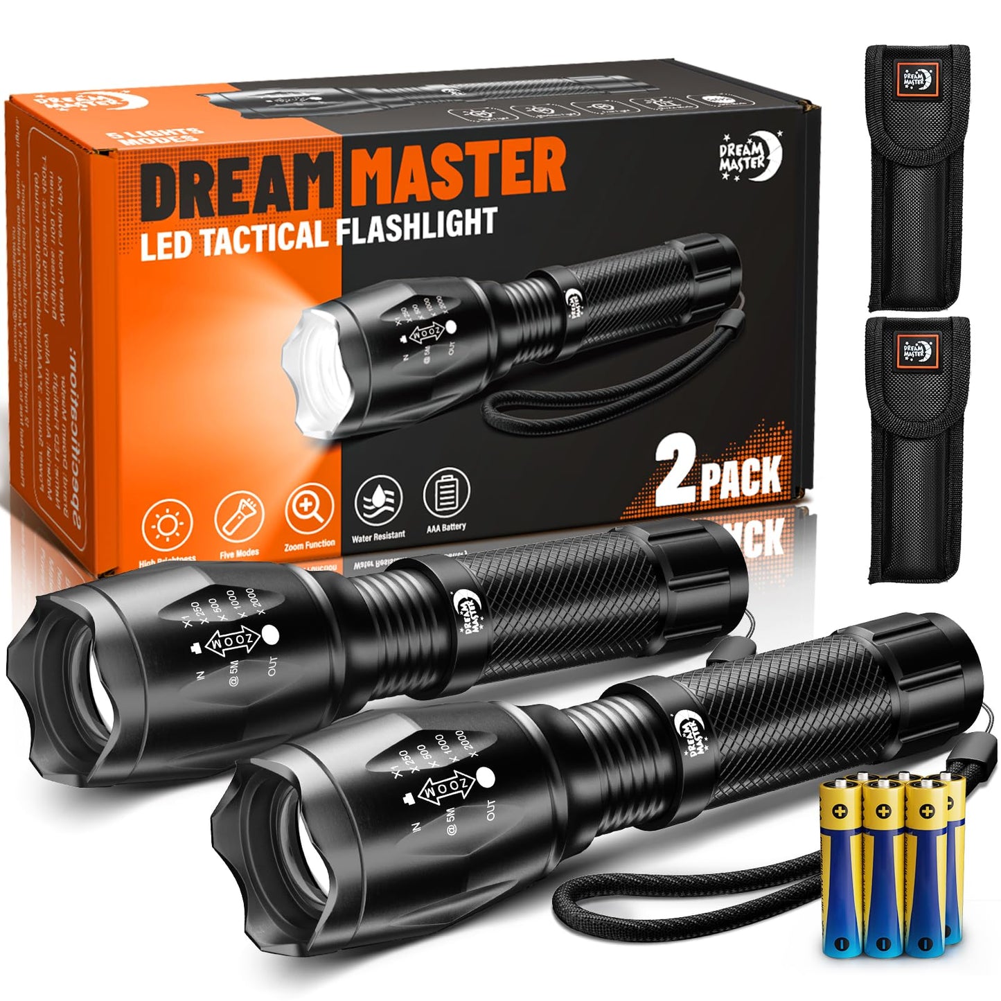 Dream Master 2 Pack LED Flashlights High Lumens with 6 AAA Batteries, 5 Modes Mini Waterproof Tactical Bright Flashlight for Camping Hiking, Fathers Day Gifts for Him, Men, Dad