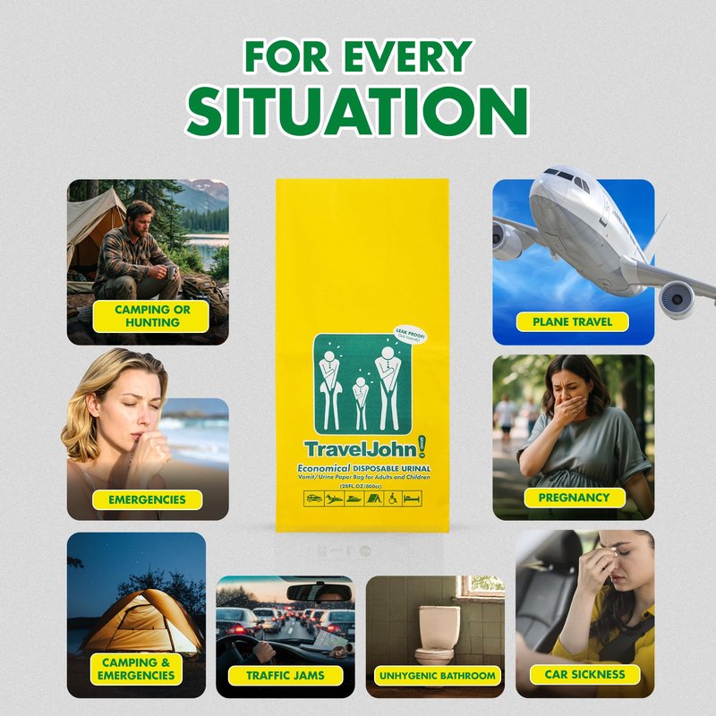 TravelJohn Economical Disposable Urinal – 2-in-1 Design for Vomit/Urine Paper Bag for All Genders & Ages – Disposable Urine Bags for Travel, Emergency, Camping & Car Road Trips – 5 Pack (TJ1P)