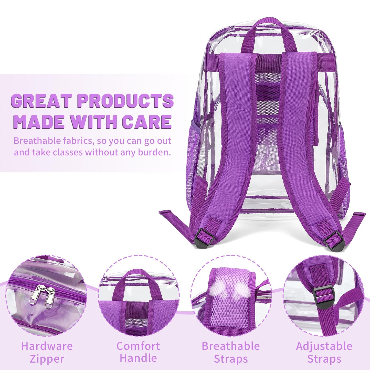 YGR Clear Backpack Heavy Duty PVC Transparent Backpack See Through Large Capacity Multiple Pockets Bookbag for Concert Work Security Travel Festival Purple