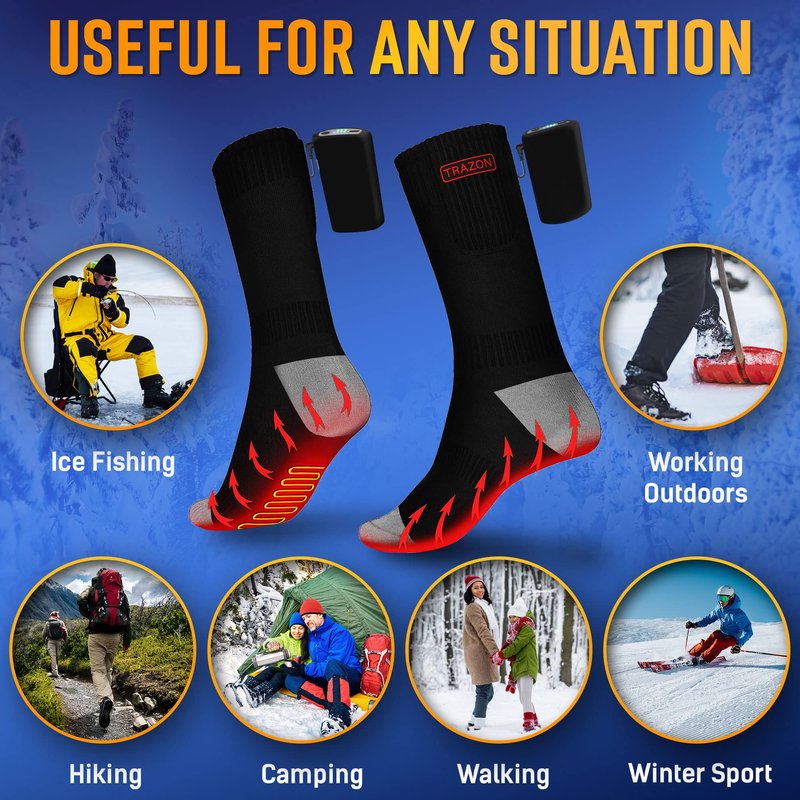 Heated Socks for Men and Women Rechargeable - Electric Battery Thermal Hunting Fishing Camping Skiing Cycling Running Washable Ergonomical with 4 Temp Modes 5V 5000mA Medium