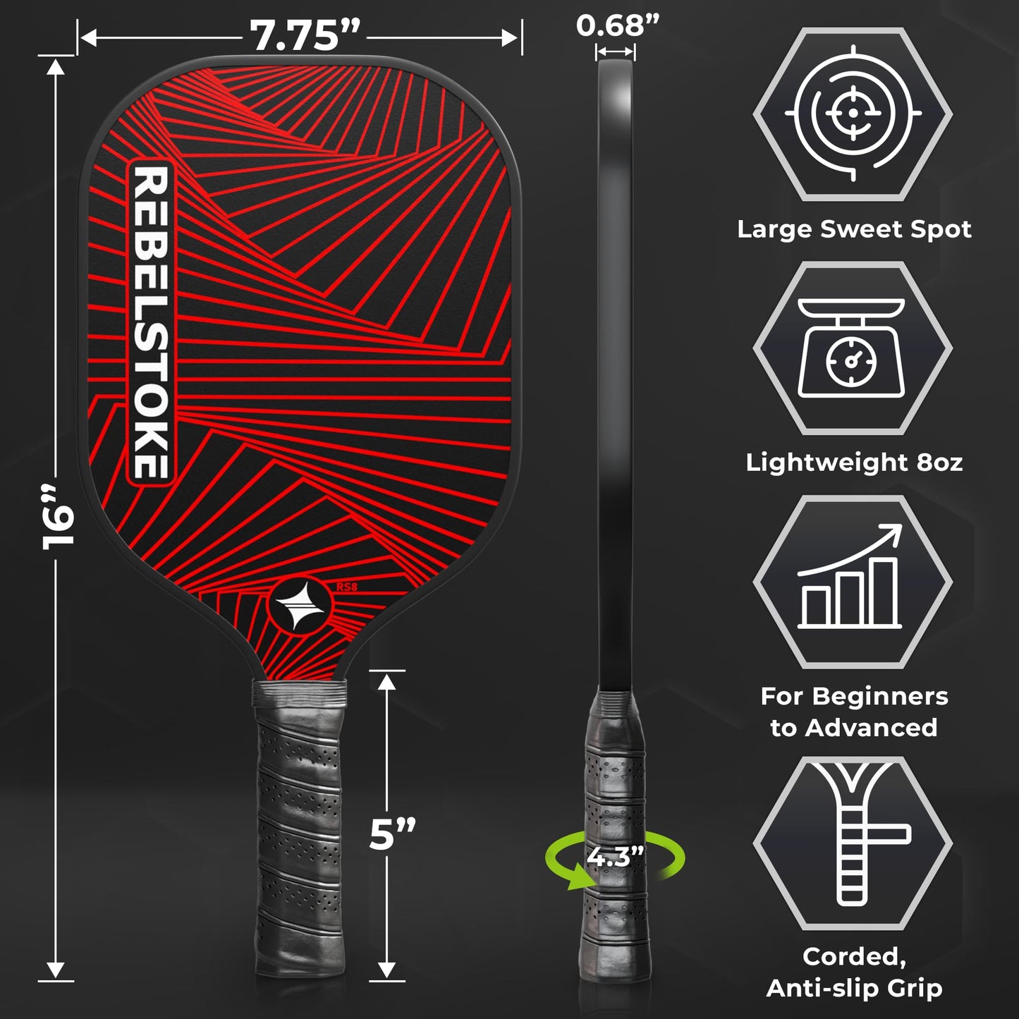 REBELSTOKE Pickleball Paddles Set of 4 – Premium Fiberglass Paddle Set with 14mm Polypropylene Honeycomb Core – Complete Bundle with 8 Indoor/Outdoor Balls & Carry Bag – for Beginners to Advanced