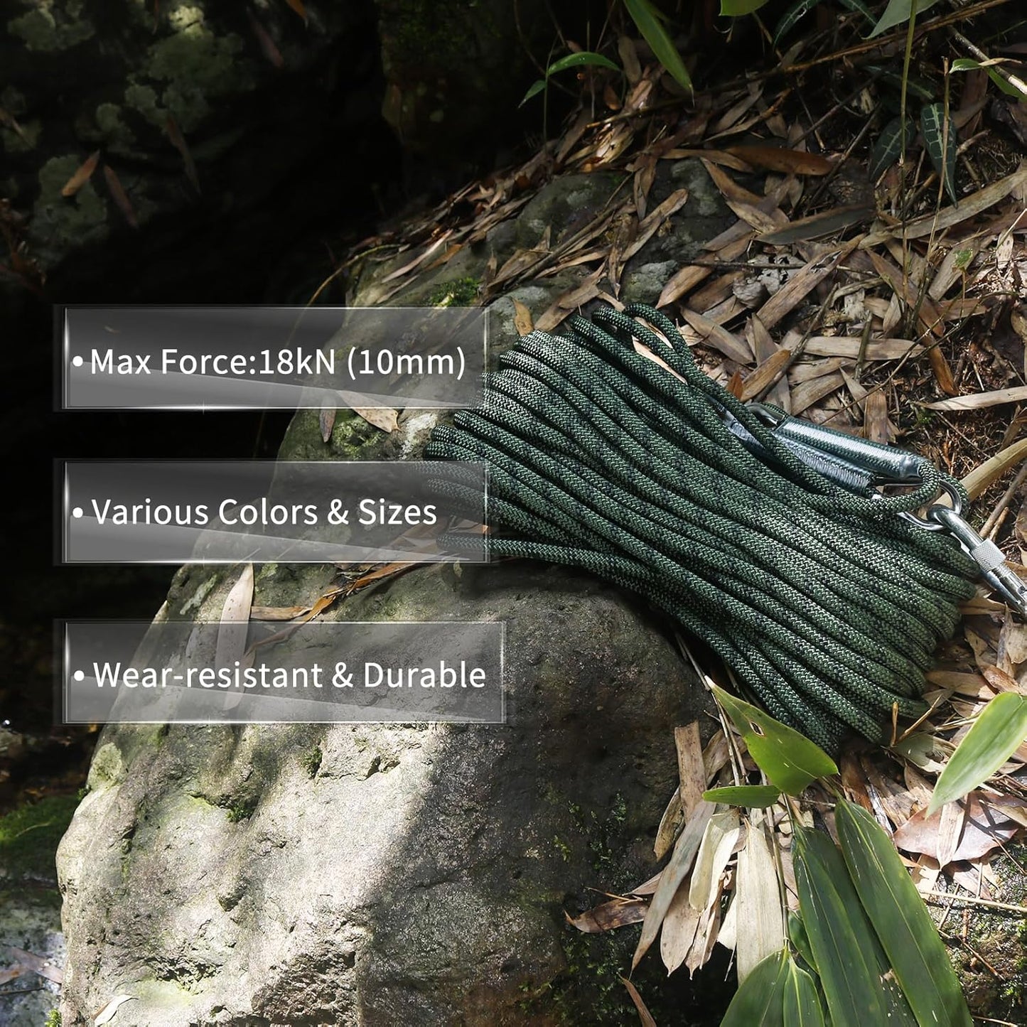 Climbing Rope 10mm | High Strength Accessory Cord with 2 Steel Hooks for Outdoor Rescue & Rappelling - Army Green
