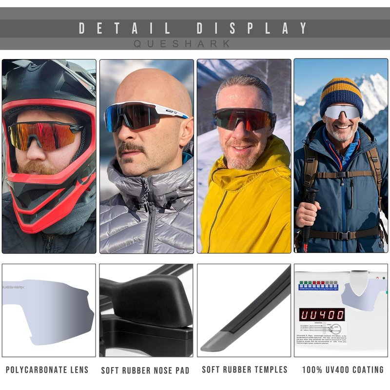 Queshark Polarized Sports Sunglasses, 4 Interchangeable Lenses | UV400 Protection, Cycling Glasses for Mountain Bike Running