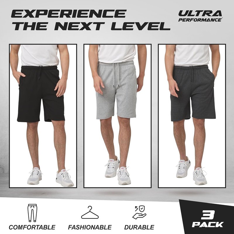 Men's Athletic Workout Shorts - Ultra Performance 3-Pack with Zipper Pockets | Small - 5X