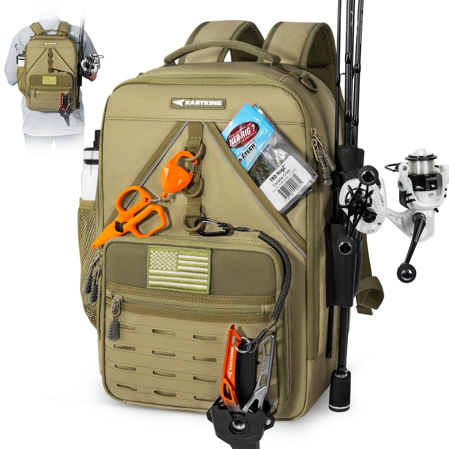 KastKing KarryAll KastMate Fishing Tackle Backpack,Water-Resistant Tackle Bag With 2 Rod Holders,Fishing Gear and Equipment With Large Gear Storage,Khaki