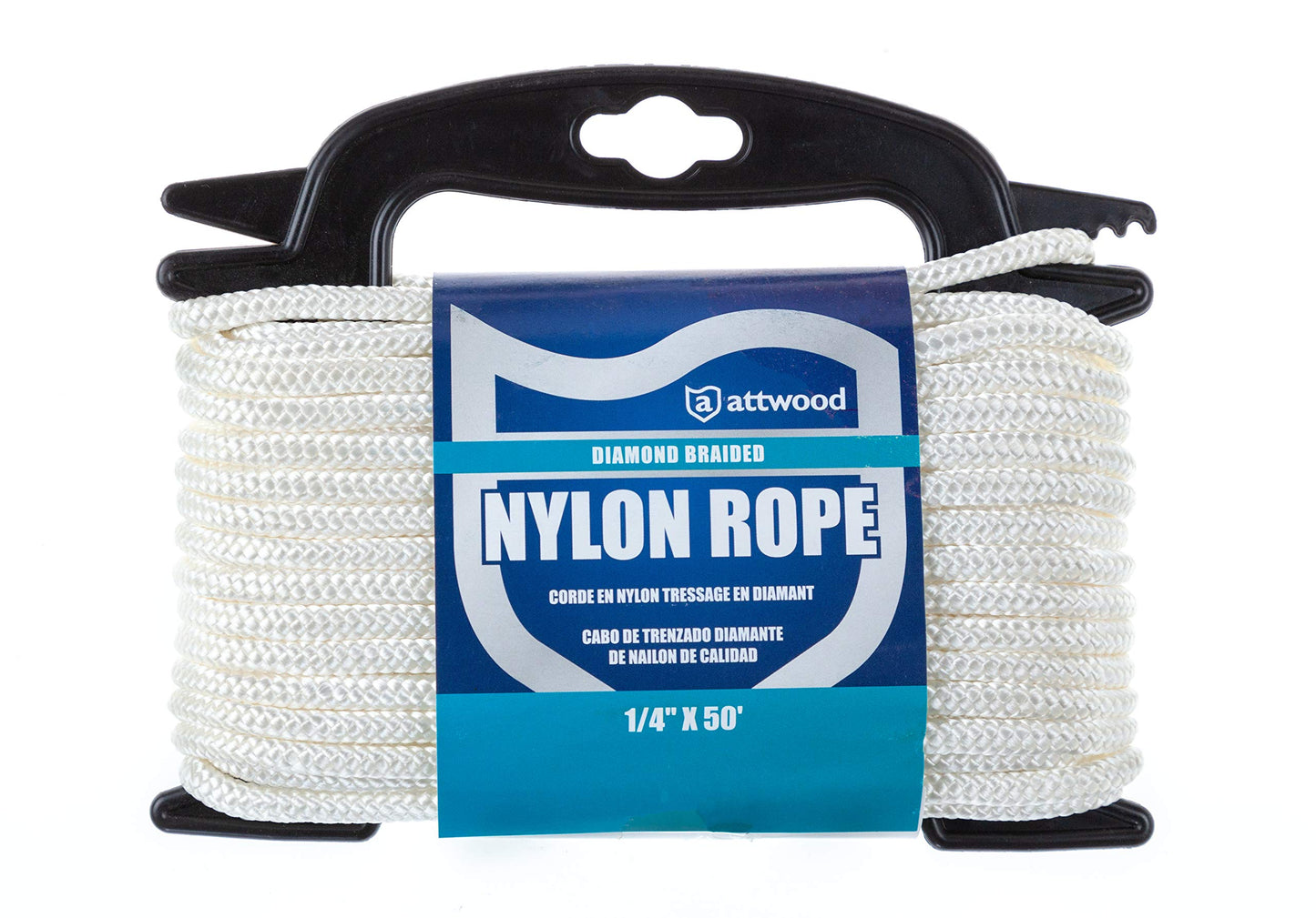 Attwood 117561-2 Diamond Braided Nylon Rope, ¼-Inch Thick, 50 Feet Long, White, Multifilament Nylon Fiber Construction