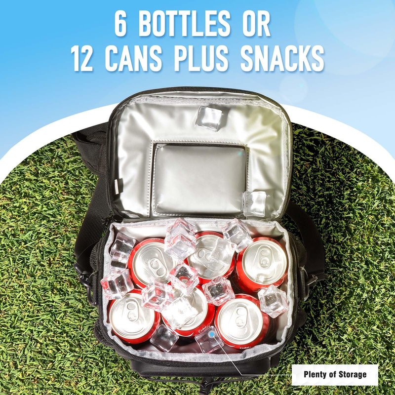 Golf Cart Cooler Bag Insulated - 12-Can Leakproof Soft Cooler Bag with Hook-and-Loop Lid, Waterproof Zippers, and Multi-Pockets for Golf Accessories; Fits on Golf Push Cart