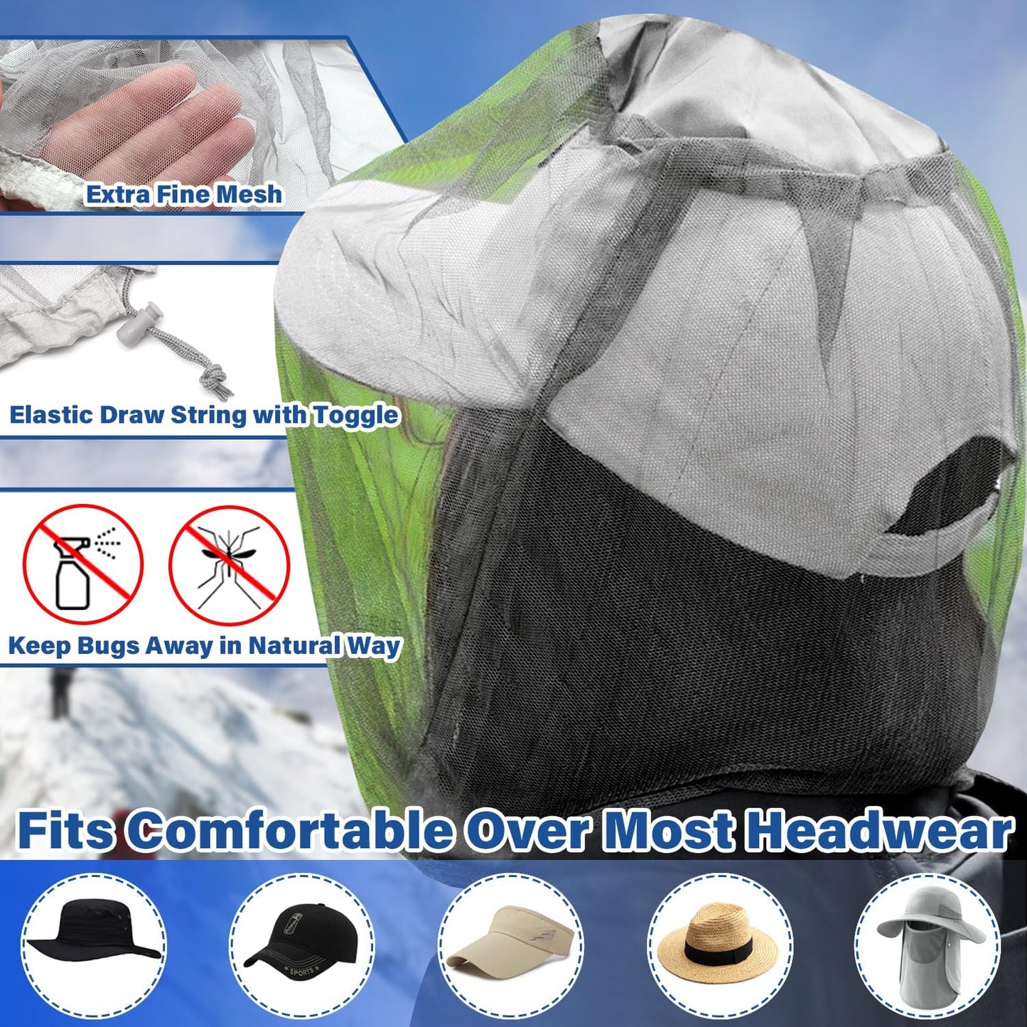 Benvo Mosquito Head Net - Mesh Face & Neck Insect Shield for Fishing, Camping | 2pcs, Grey, Upgraded Design