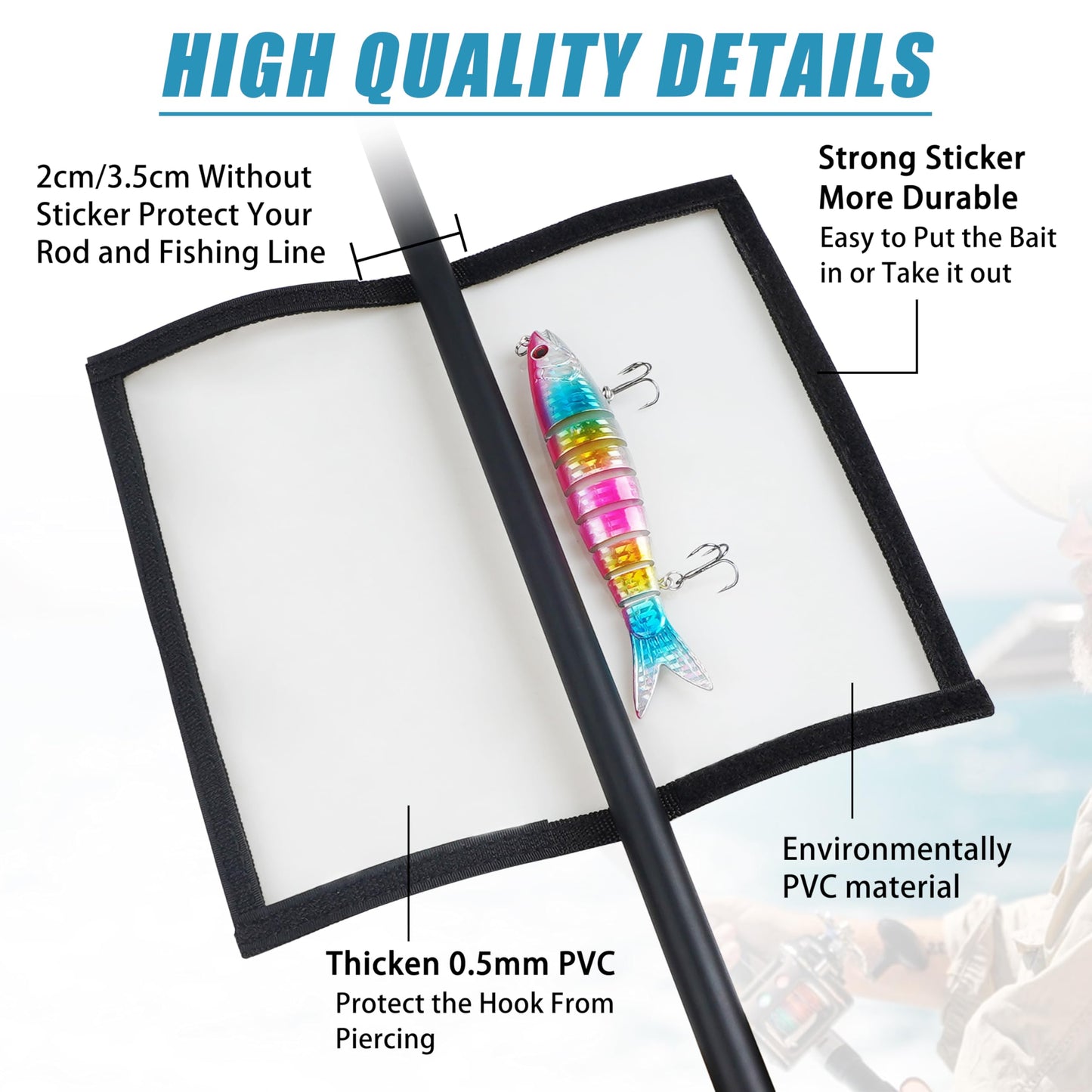Fishing Lure Wraps for Fishing Rod with Velcro 4 Packs Bait Storage Covers Clear PVC Lure Protector Medium Large Sizes (M+L-BLACK-4PCS)