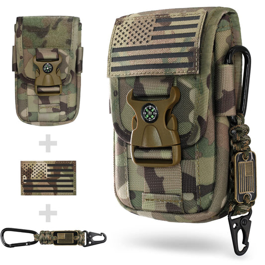 WYNEX Tactical Molle Phone Pouch with Compass Buckle, Tactical Phone Holster Molle Cell Phone Pouch Universal Belt Waist Bag for IP 15/14/13 Pro Max / S22/S21 with US Patch & Paracord Keyring Clip