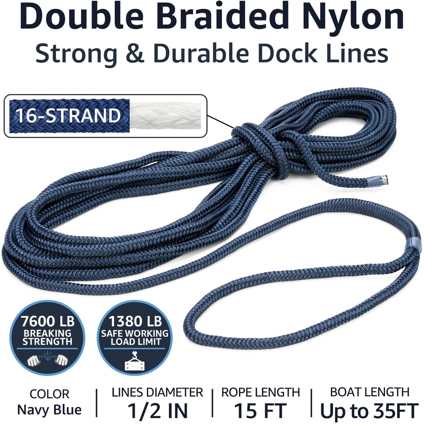 PACTHSD Double Braid 1/2" x 15' Boat Dock Lines (4-Pack) – Nylon Boat Ropes for Docking with 12" Spliced Eye – Heavy Duty Marine Rope – Soft & Durable Boat Lines for Pontoon and Light Boat (Navy Blue)