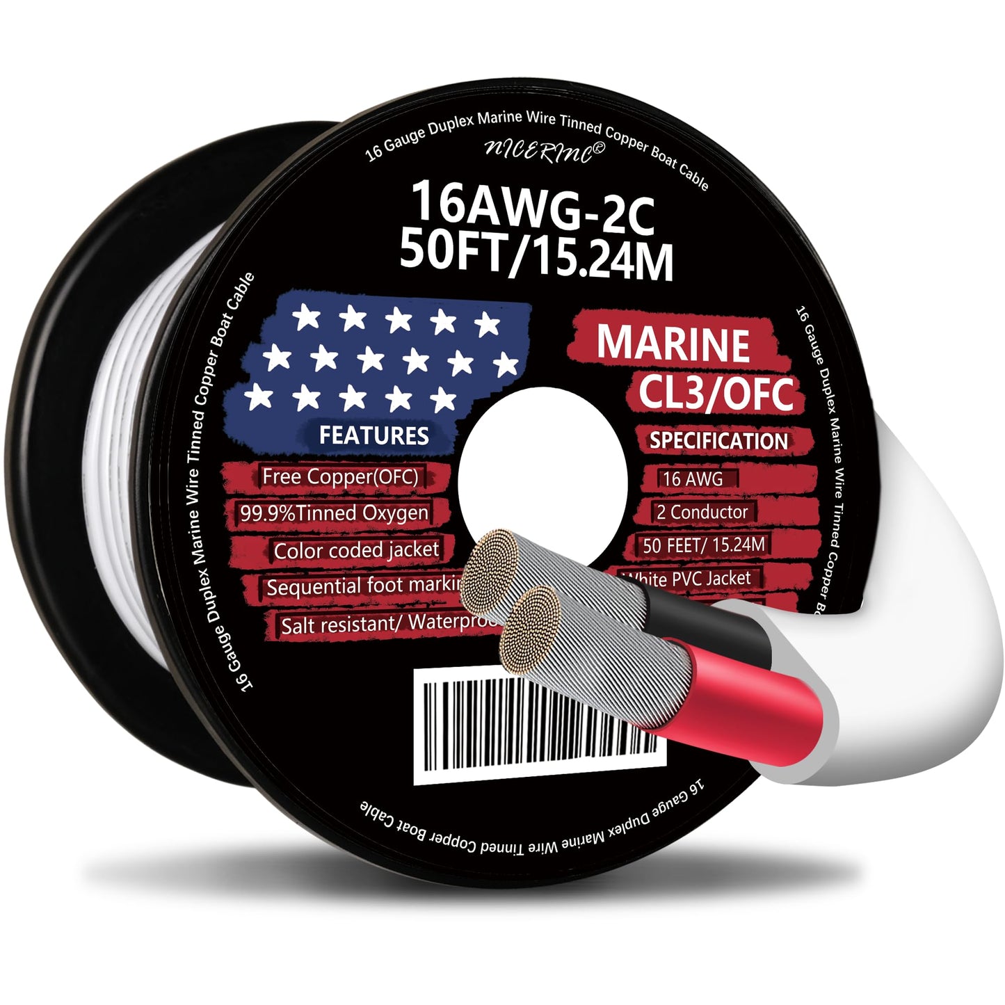 16 Gauge Duplex Marine Wire Tinned Copper Boat Cable, 50ft 16 AWG Standard USA OFC Oxygen Free Copper Wire for Outdoors/Automotive/Boat/Speakers/Solar/RV/Camper/Trailer