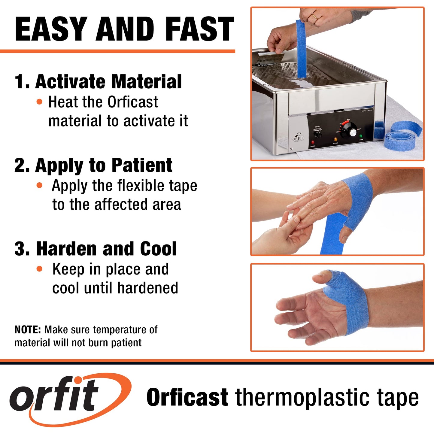 Orficast by Orfit Easy-Form Splinting Material Heat-Activated Thermoplastic Tape For Trigger Finger, Thumb, Arthritis Pain Relief, Hand Support 1” x 9’, Blue, One Roll