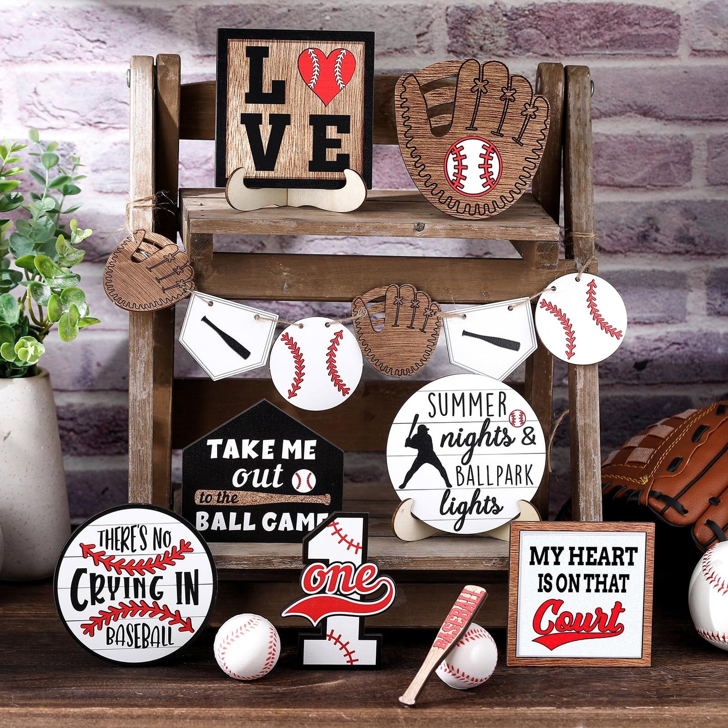 13 Pcs Baseball Tiered Tray Decor Wooden Table Centerpieces Rustic Wooden Baseball Game Sign for Fans Theme Party Ceremony