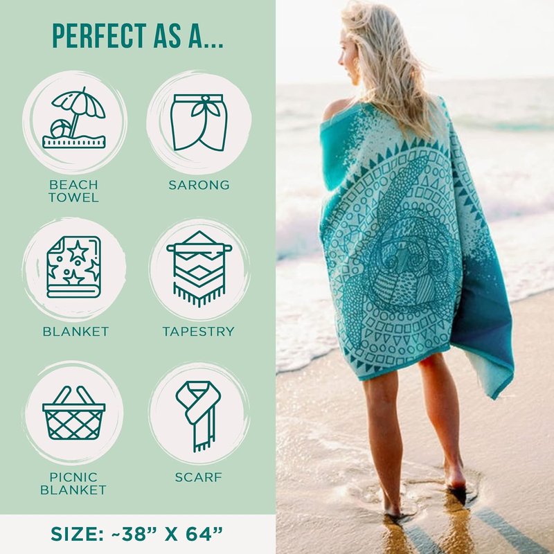 Turkish Beach Towel - Sand Resistant & Quick Dry - 100% Organic Cotton | Mandala Sea Turtle Green