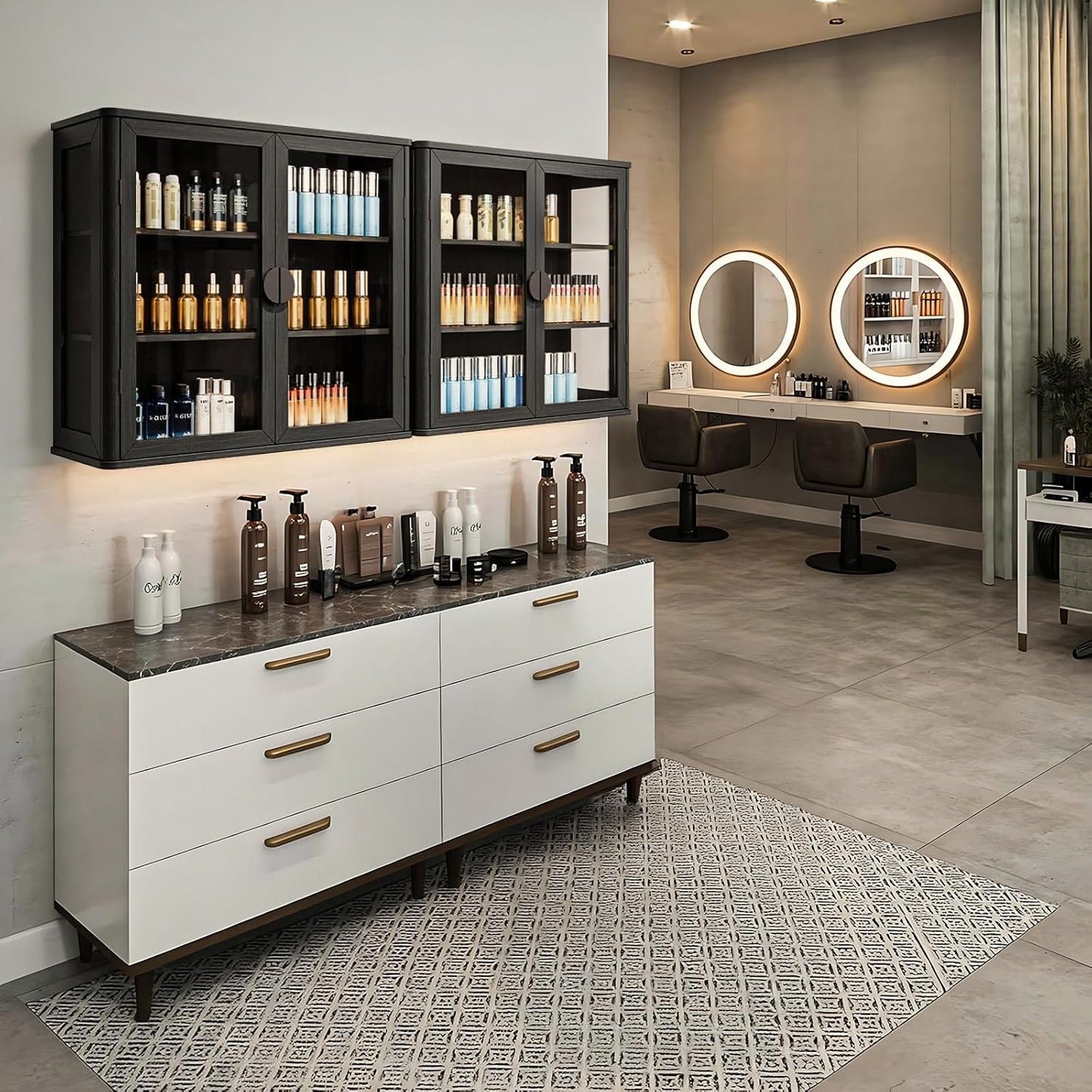 Bathroom Wall Cabinet Set of 2 - 56" Floating Display Cabinet with Glass Doors | Adjustable Shelves, Black with Golden Handles