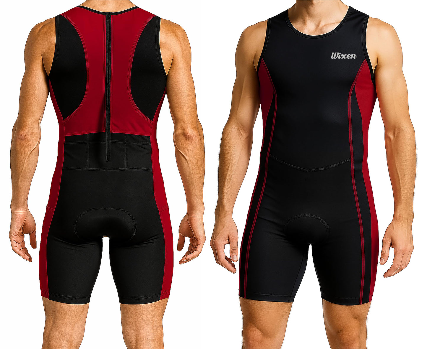Wixen Men’s Triathlon Suit – Padded One-Piece Sleeveless Trisuit with Rear Zipper for Running, Swimming, Cycling – Red-S