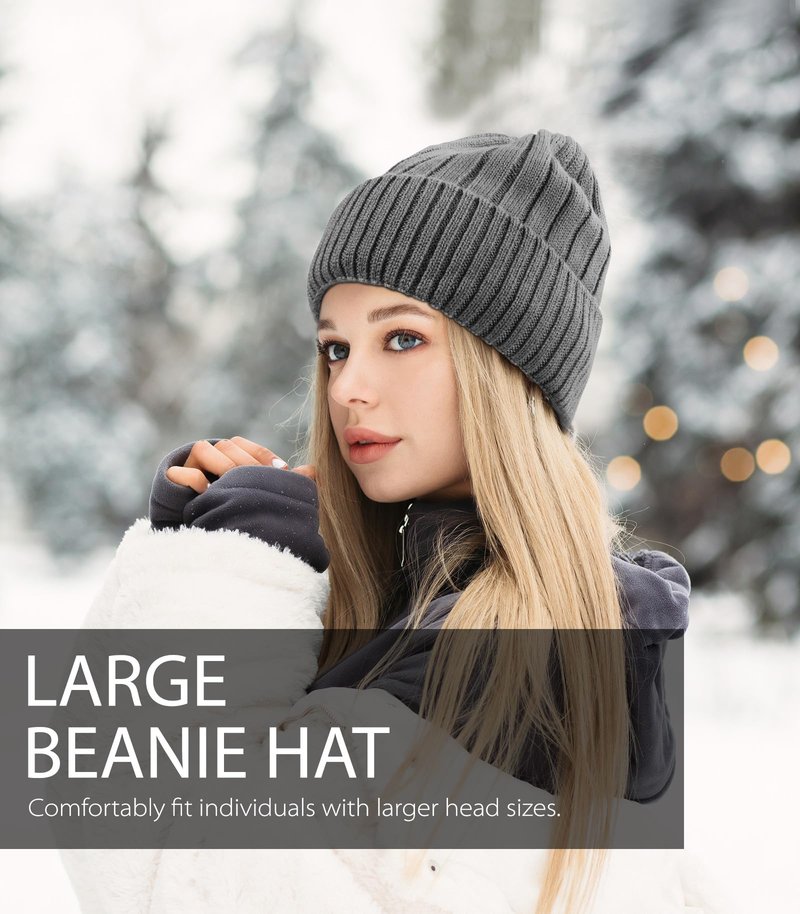 LiuSuper Wool Beanie Winter Hat - Unisex Warm Knitted Cap with Wool Lining, Oversized Fit Black Grey