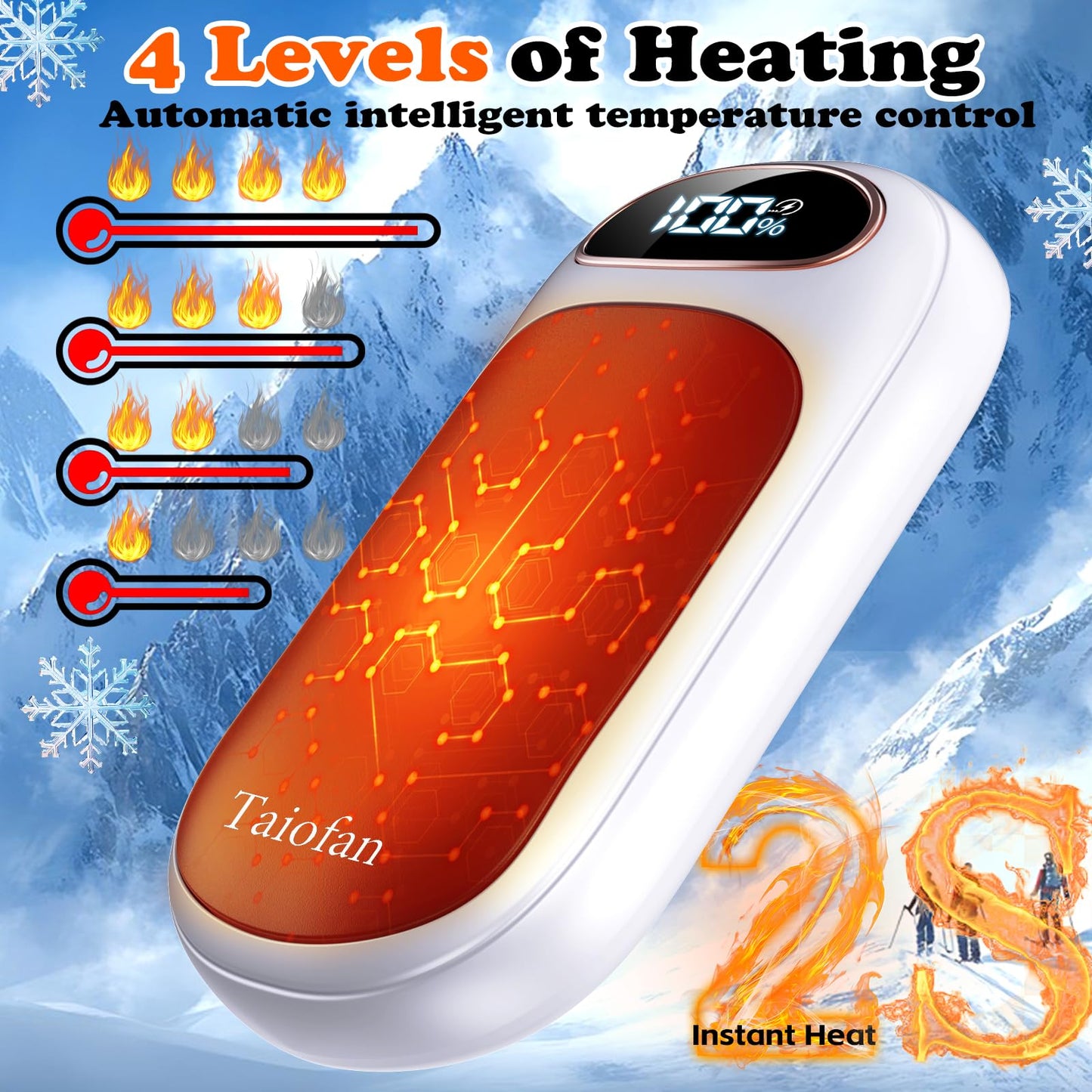 Taiofan Rechargeable Hand Warmer 2 Pack, LED Display & 4 Levels, Ultrathin Electric Hand Warmers Portable USB Pocket Heater Fits Gloves for Hunting Essentials, Camping, Raynauds, Gifts for Christmas