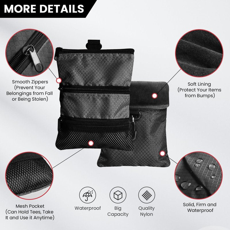 FINGER TEN Golf Pouch Bag for Valuables Tee Color with 4 Golf Pencil Pack, Zippered Pocket Gear Clip Hook to Bag (Black Pouch Bag)