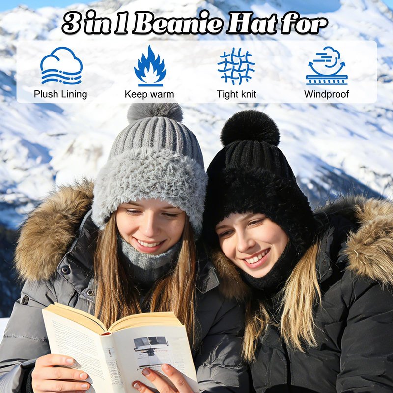 3 in 1 Beanie Hat for Women,Upgrade Cold Resistant Beanie Hat,Winter Warm Knitted Balaclava Scarf with Face Cover,Wind-Proof for Autumn and Winter(Black)