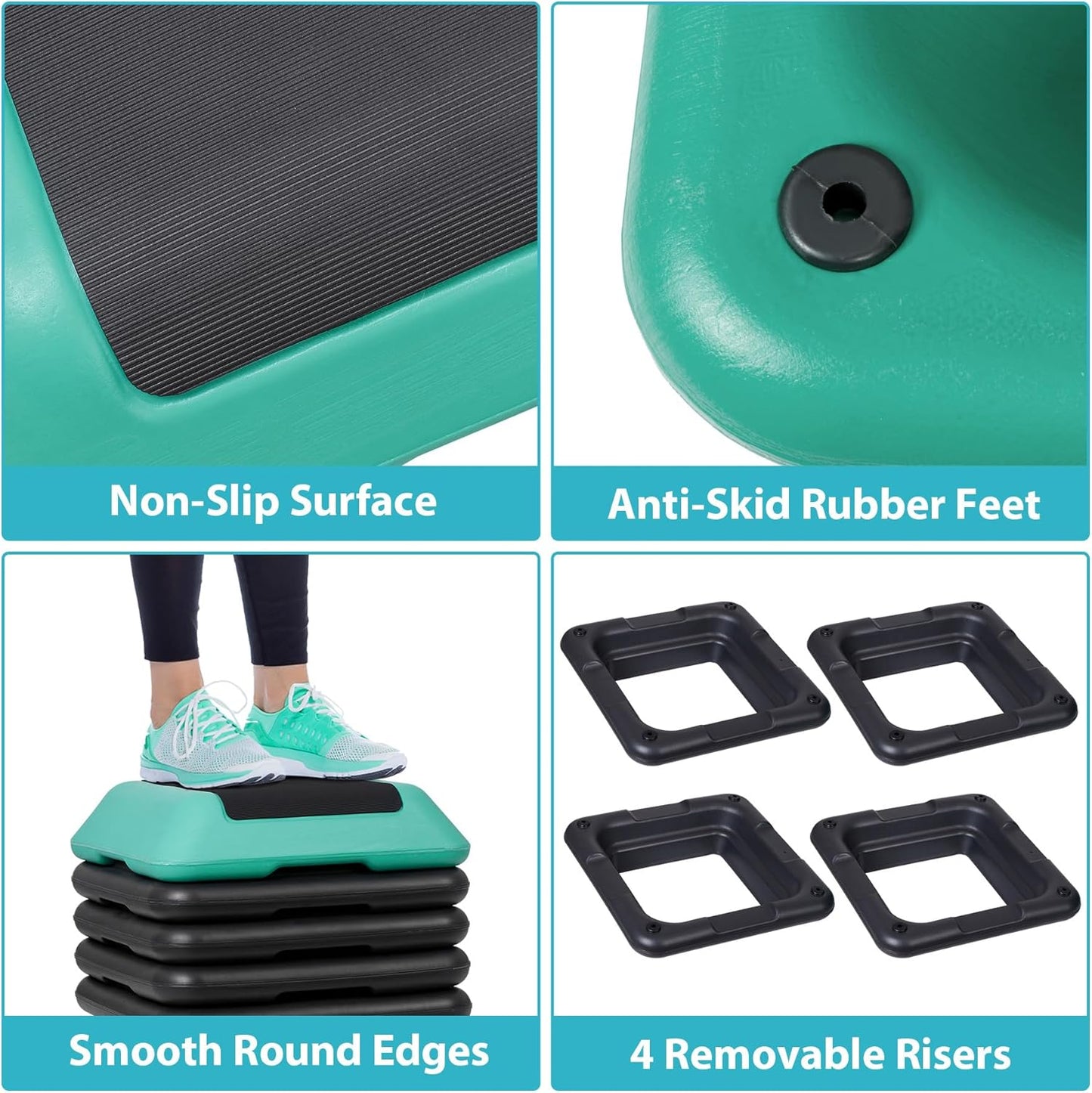 Aerobic Step Exercise Platform | Adjustable Height 4"-12" with 4 Risers - 16" x 16" Home Gym Equipment